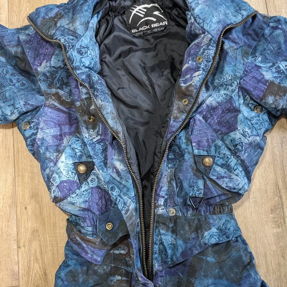 Vintage Black Bear Ski Suit One Piece Snowsuit Womens XS Snow Bib Shell 80s 90s